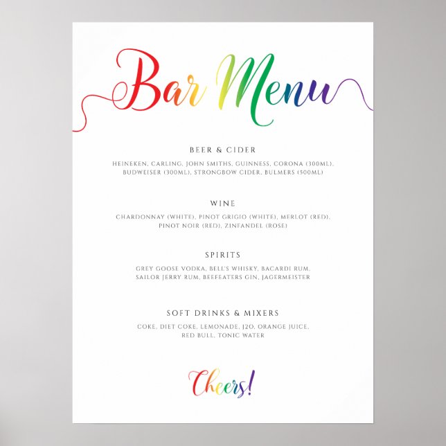 Rainbow Wedding Bar Menu Poster (Vorne)