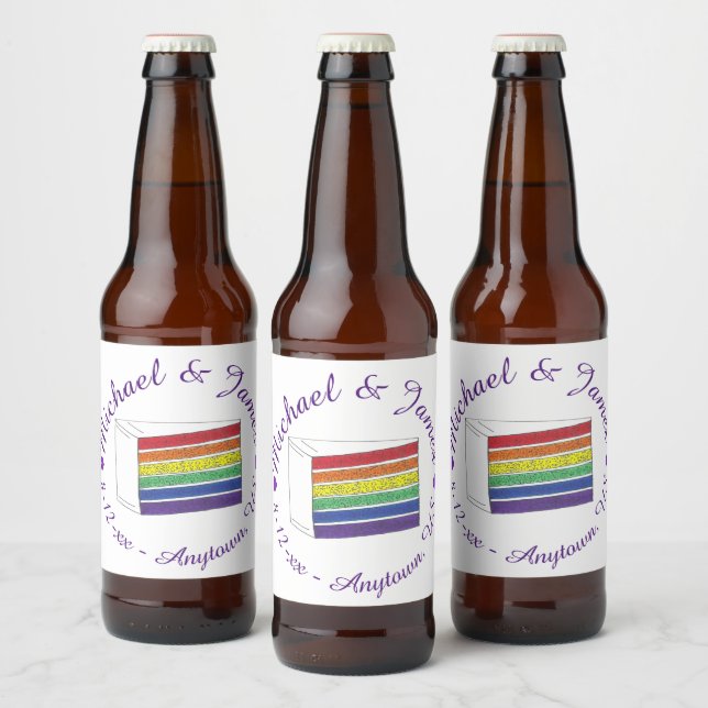 Rainbow Wedding Cake Slice Lila Heart LGBT Gay Bierflaschenetikett (Flaschen)