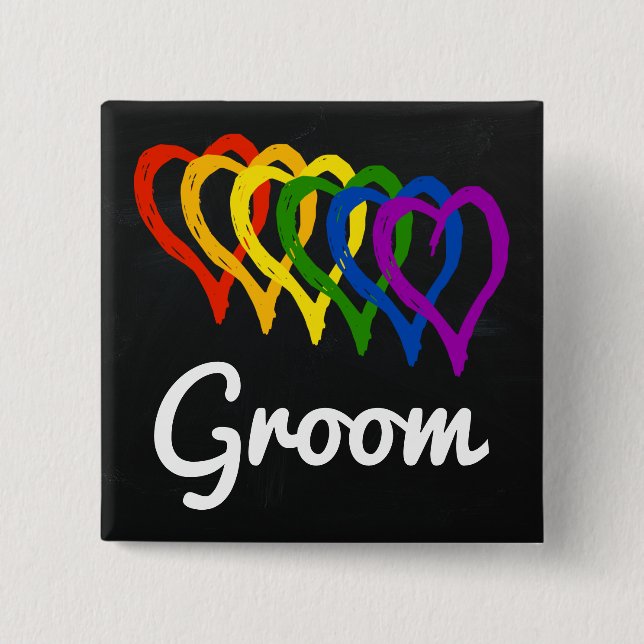 Rainbow Wedding Layered Hearts Groom Button (Vorderseite)