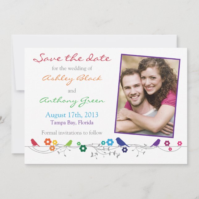 Rainbow Wedding Save the Date Birds Blume (Vorderseite)