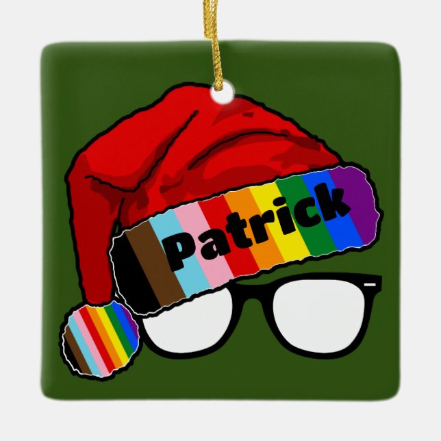 Rainbow-Weihnachtsmannmütze mit Brille Keramikornament (Vorderseite)