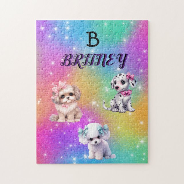Rainbow Welpen für Mädchen mit personalisiertem Na Puzzle (Vertikal)