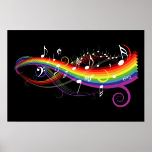 Rainbow White Musiknoten auf Black Poster