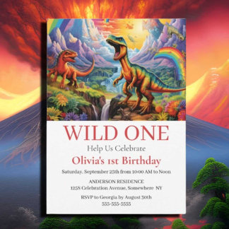 Rainbow Wild One Dinosaurier Geburtstagsthema Einladung