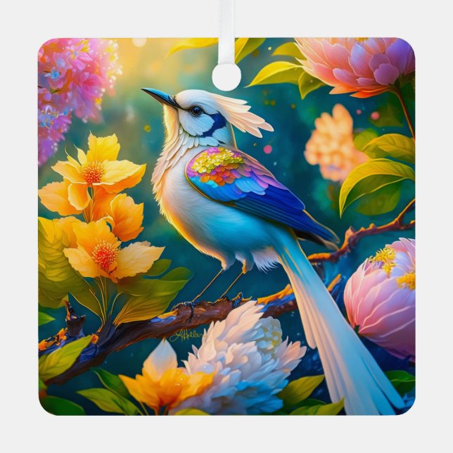 Rainbow Winged Jay Fantasy Bird Ornament Aus Metall (Vorderseite)