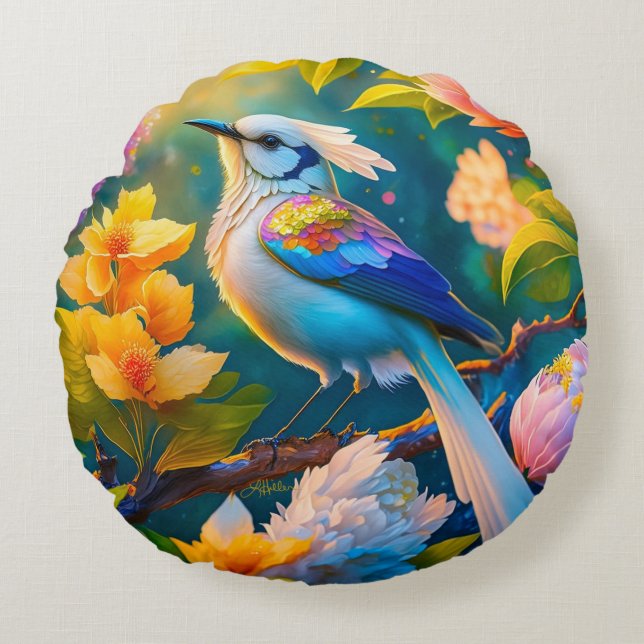 Rainbow Winged Jay Fantasy Bird Rundes Kissen (Vorderseite)