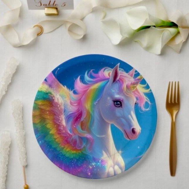 Rainbow Winged Prancing Unicorn Pappteller (Paper Plates Durable paper stock FDA compliant food safety. 
)