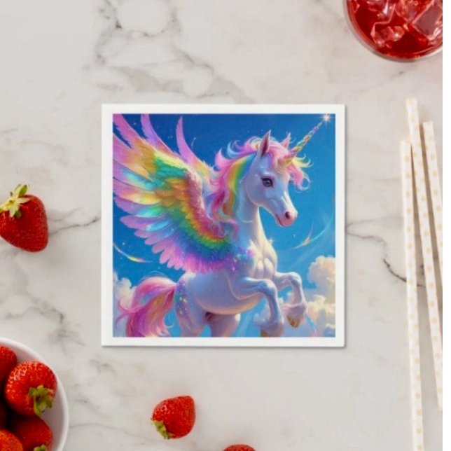 Rainbow Winged Prancing Unicorn Serviette (Napkins - coined or standard napkin sold in quantities of 50. 

)