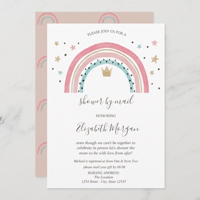 Rainbows Crown Virtual Baby Dusche per Mail Einladung (Vorne/Hinten)