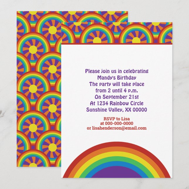 Rainbows im Stil der 70er Jahre und Muster der Sun Einladung (Vorne/Hinten)