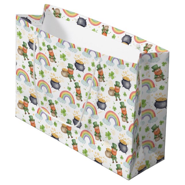 Rainbows Shamrocks Leprechauns St Patrick's Day  Große Geschenktüte (Vorderseite Schrägansicht)