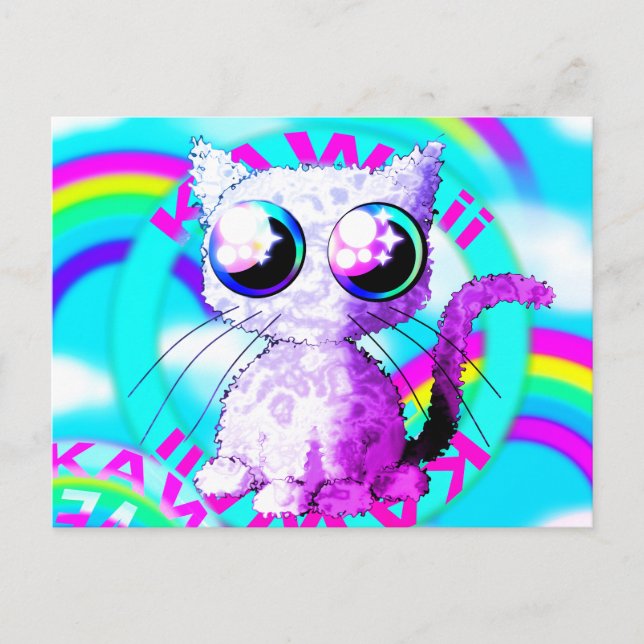 Rainbows und eine geschmeidige Katze im Kawaii-Sti Postkarte (Vorderseite)