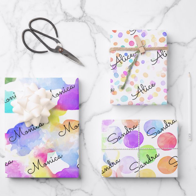 Rainbowy farbenfrohe Aquarelltöne und Spritzen Geschenkpapier Set (Vorderseite)