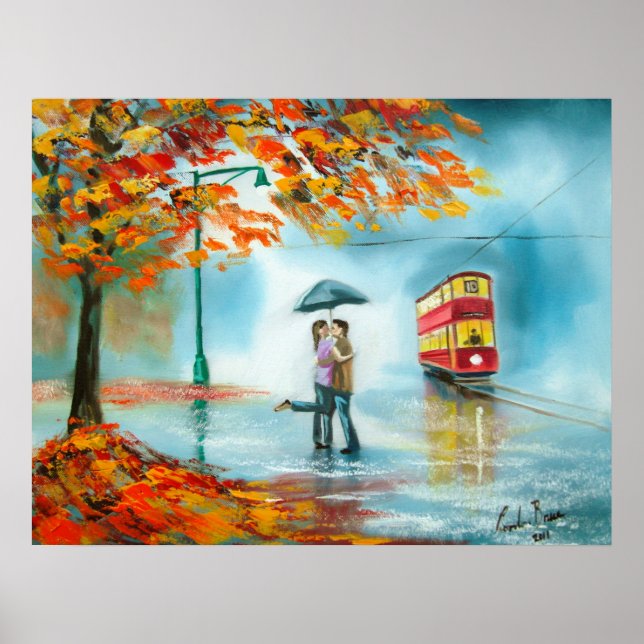 Rainday Herbst Rote Straßenbahn Regenschirm romant Poster (Vorne)