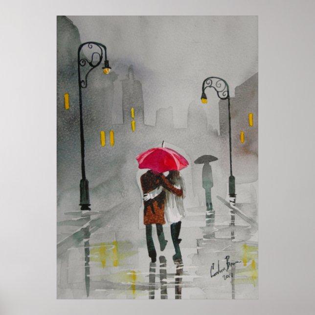 Rainday Herbst Roter Schirm romantisches Paar Poster (Vorne)