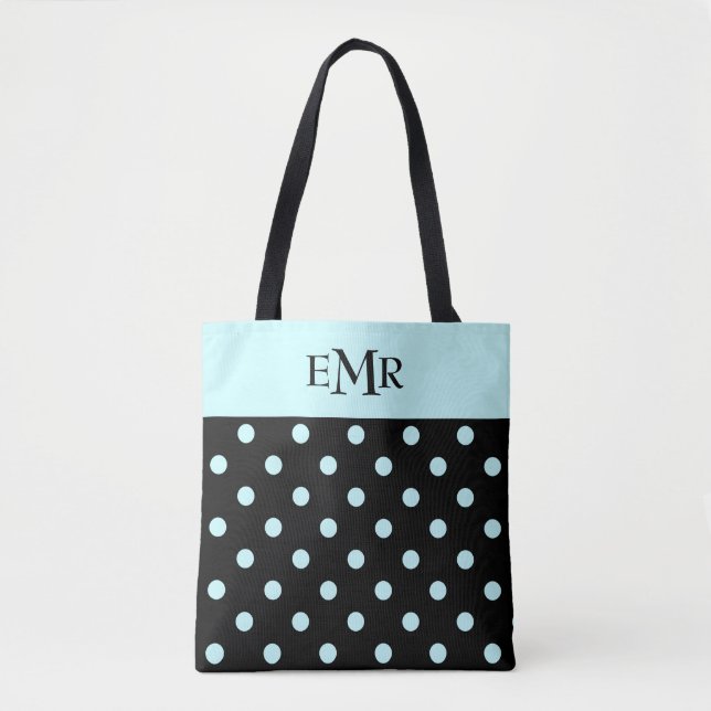 Raindrops Blue Polka Dots auf Black Monogram (Vorderseite)