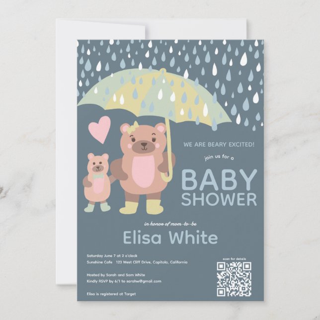 Raindrops Mama & Baby Bear QR CODE Individuelle Du Einladung (Vorderseite)