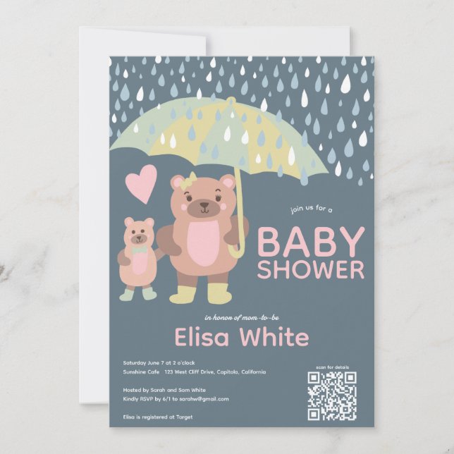 Raindrops Mama & Baby Bear QR CODE Individuelle Du Einladung (Vorderseite)