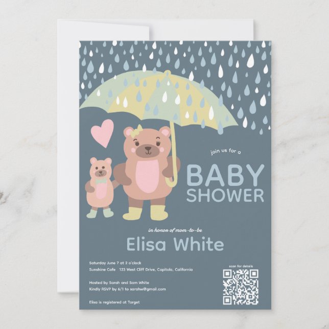 Raindrops Mama & Baby Bear QR CODE Individuelle Du Einladung (Vorderseite)