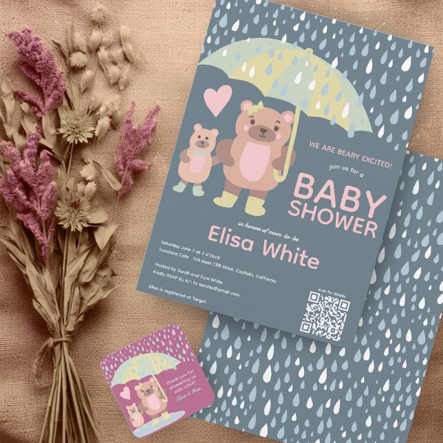 Raindrops Mama & Baby Bear QR CODE Individuelle Du Einladung (Raindrops Mama & Baby Bear QR CODE Custom baby Shower  Sprinkle Invitation)