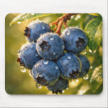Raindrops on Ripe Blueberries Mousepad<br><div class="desc">Ripe blueberries hang from a branch, adorned with dewdrops, while the sunlight casts a warm glow around their vibrant blue hue</div>