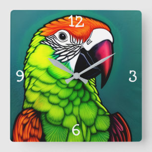 Rainforest Beauty: Exotic Wild Parrot Quadratische Wanduhr