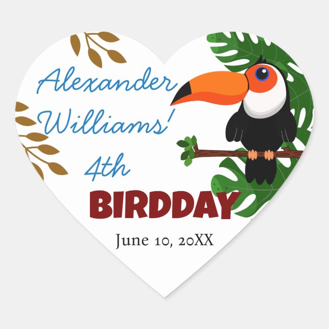 Rainforest Niedlich Toucan Bird Kid's Birthday Par Herz-Aufkleber (Vorderseite)