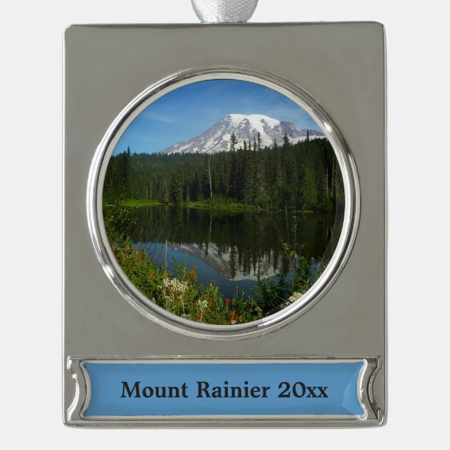 Rainier Lake Reflektion mit Wildblumen Banner-Ornament Silber (Vorderseite)