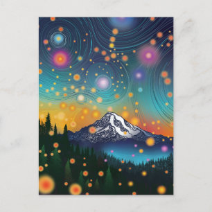 Rainier w Abend Starry Sky and Fireflies Feiertagspostkarte