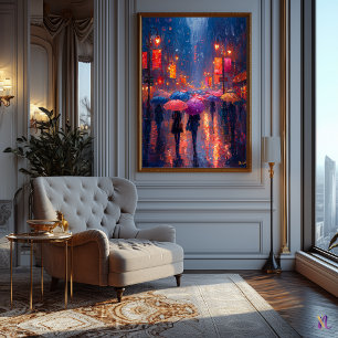 Rainy City Night mit Umbrellas im Impressionismus Poster