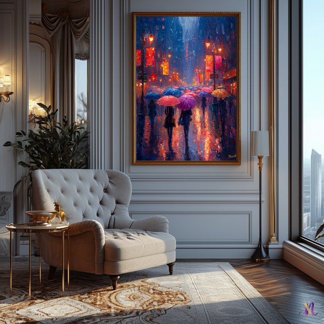 Rainy City Night mit Umbrellas im Impressionismus Poster (Von Creator hochgeladen)