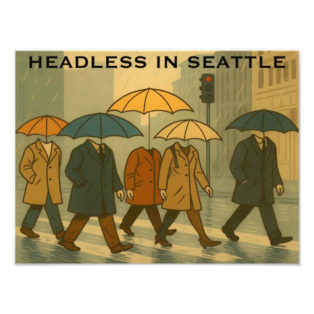 Rainy City Walkers with Umbrella Heads Seattle Art Fotodruck (Vorne)