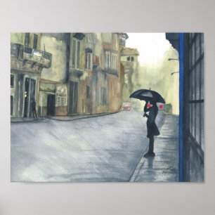 Rainy City Woman Watercolor Poster