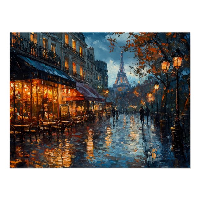 Rainy Cobblestone Street in Paris Poster (Vorderseite)