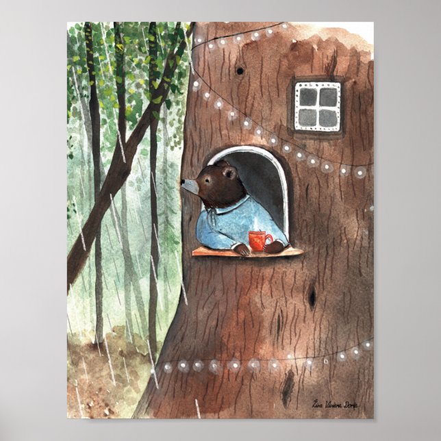 Rainy Day Bear Daydream Tea Time Illustration Poster (Vorne)