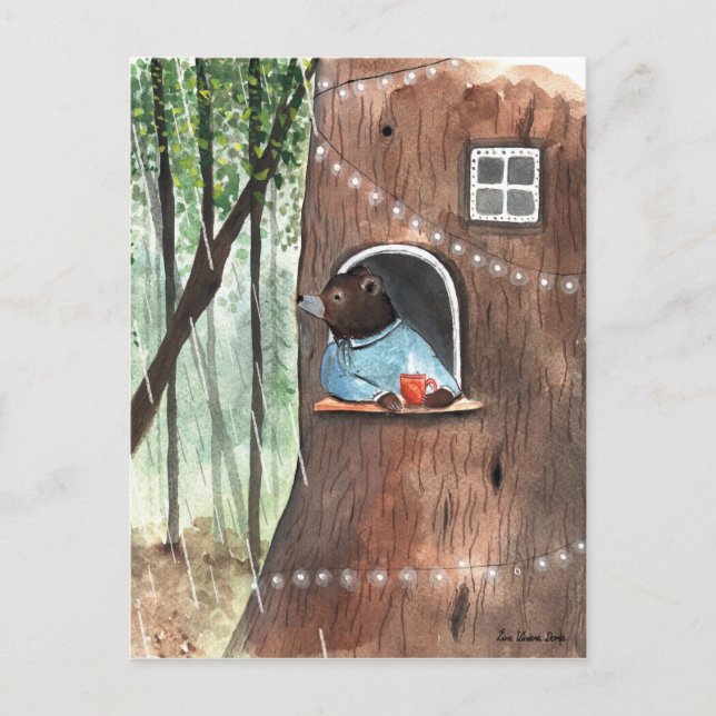 Rainy Day Bear Daydream Tea Time Illustration Postkarte (Vorderseite)