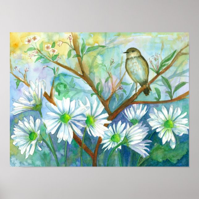 Rainy Day Bird Daisy Flower Garden Poster (Vorne)