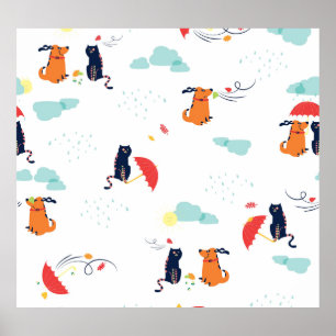 Rainy Day Friends: Cat Dog Vintag Poster