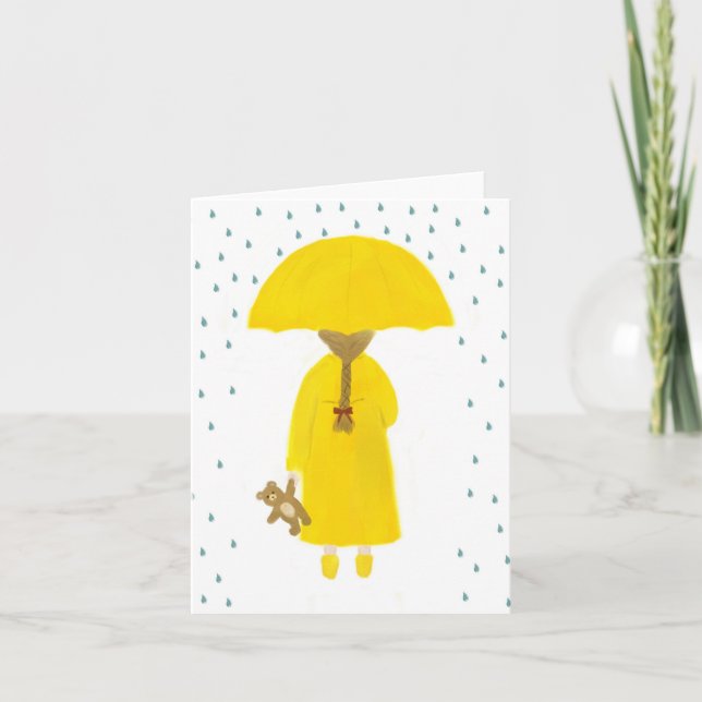 Rainy Day Girl mit Teddy Bären Note Card Karte (Vorderseite)