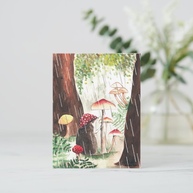 Rainy Day Igel und Toadstool Illustration Niedlich Postkarte (Stehend Vorderseite)
