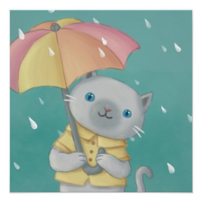 Rainy Day: Katze & Regenschirm-Illustration Poster (Vorderseite)