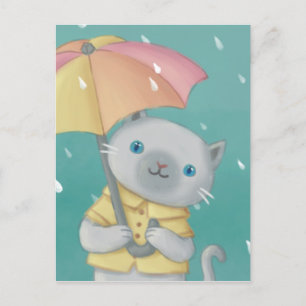 Rainy Day: Katze & Regenschirm-Illustration Postkarte