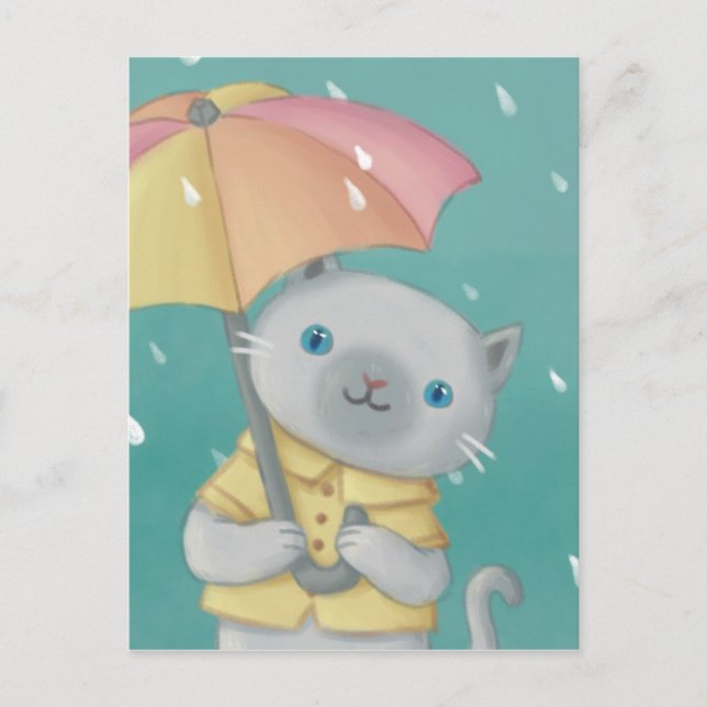 Rainy Day: Katze & Regenschirm-Illustration Postkarte (Vorderseite)
