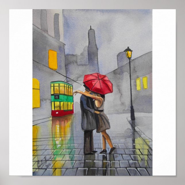 RAINY DAY RED UMBRELLA Straßenbahn-Szene MALERIERE Poster (Vorne)