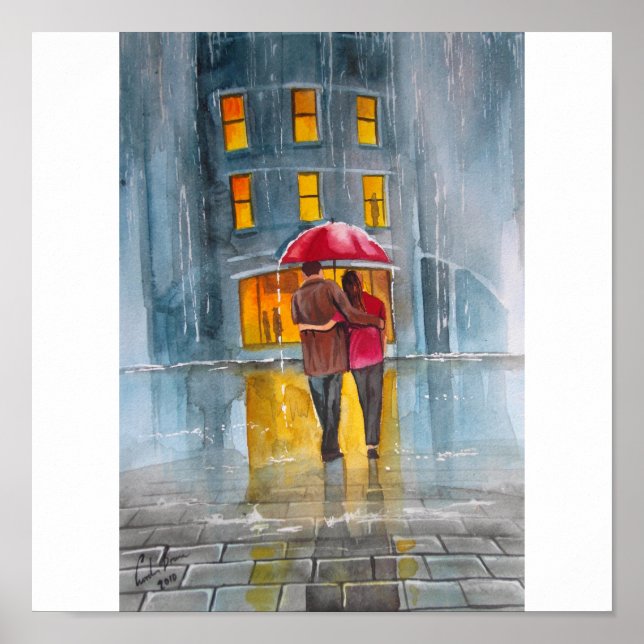 RAINY DAY RED UMBRELLA Straßenszene MALERIEREN Poster (Vorne)
