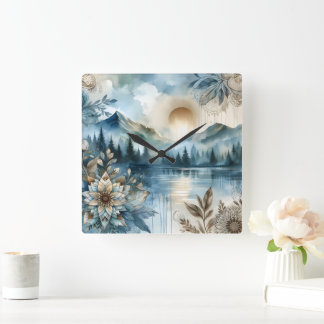 Rainy Day Watercolor Berg Rustikales Boho Quadratische Wanduhr