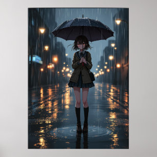 Rainy Night Anime Girl mit Regenschirm Poster