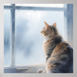 Rainy Window Watercolor Tabby Cat Poster