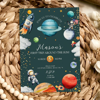 Rakete & Astronaut Erste Reise um die Sonne Weltra Einladung