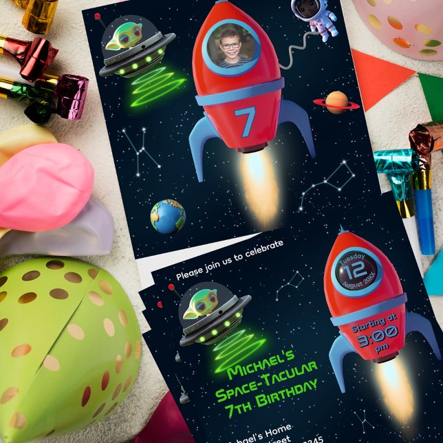 Rakete mit Foto | Astronaut UFO Alien Birthday Einladung (Von Creator hochgeladen)